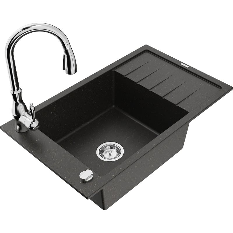 Zlewozmywak granitowy 1-komorowy Mexen Elias z ociekaczem i baterią Savita czarny/złoty metalik - 6511-75-672601-70 1 szt.