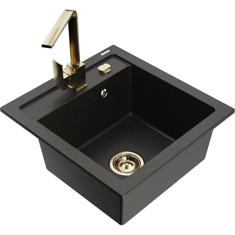 Zlewozmywak granitowy 1-komorowy Mexen Vito z baterią kuchenną Rita czarny/złoty metalik 6503-75-670300-50