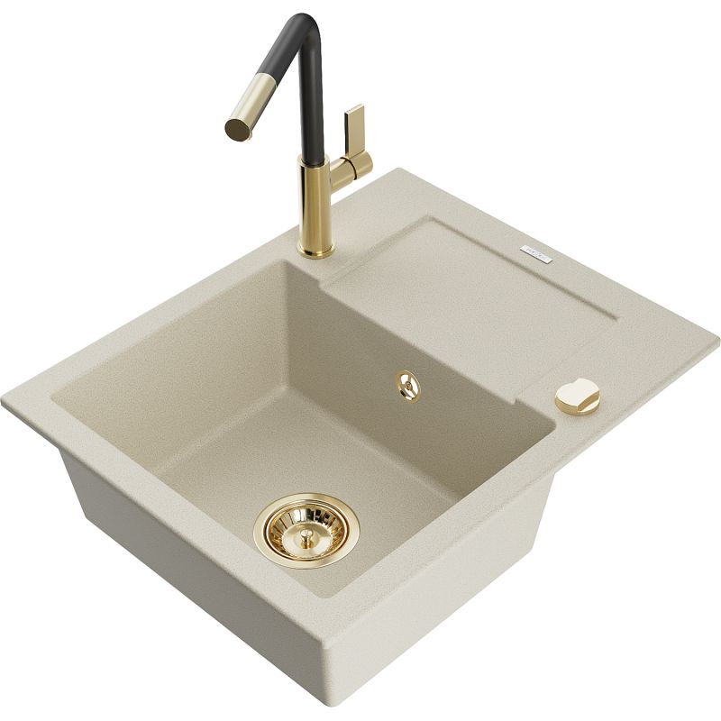 Zlewozmywak granitowy 1-komorowy Mexen Enzo z ociekaczem i baterią kuchenną Flora beżowy - 6506-69-670401-07-B 1 szt.