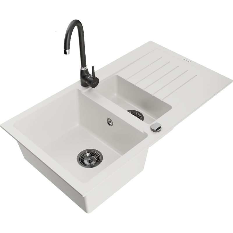 Zlewozmywak granitowy 1.5-komorowy Mexen Matias z ociekaczem i baterią kuchenną Telma biały 6502-20-670200-70