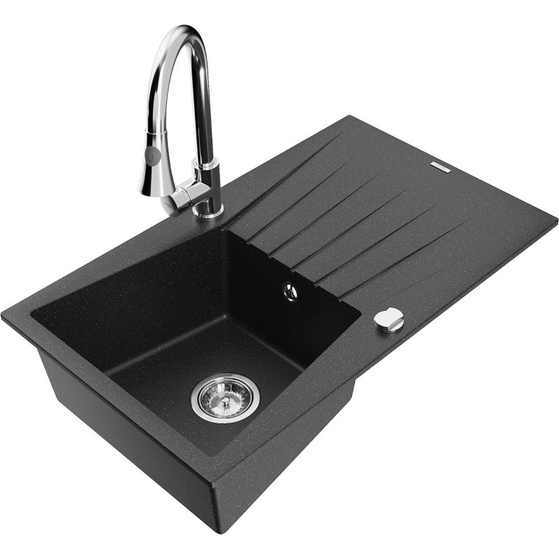 Zlewozmywak granitowy 1-komorowy Mexen Cesar z ociekaczem i baterią kuchenną Elia czarny/srebrny metalik 6514-73-670101-00