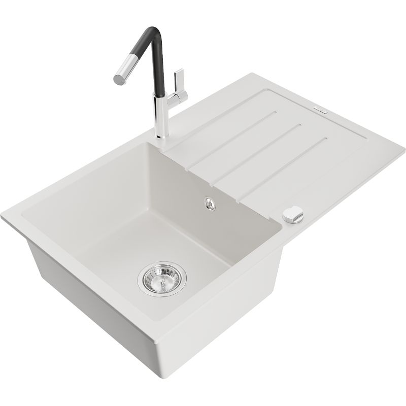 Zlewozmywak granitowy 1-komorowy Mexen Bruno z ociekaczem i baterią kuchenną Flora biały 6513-20-670401-07