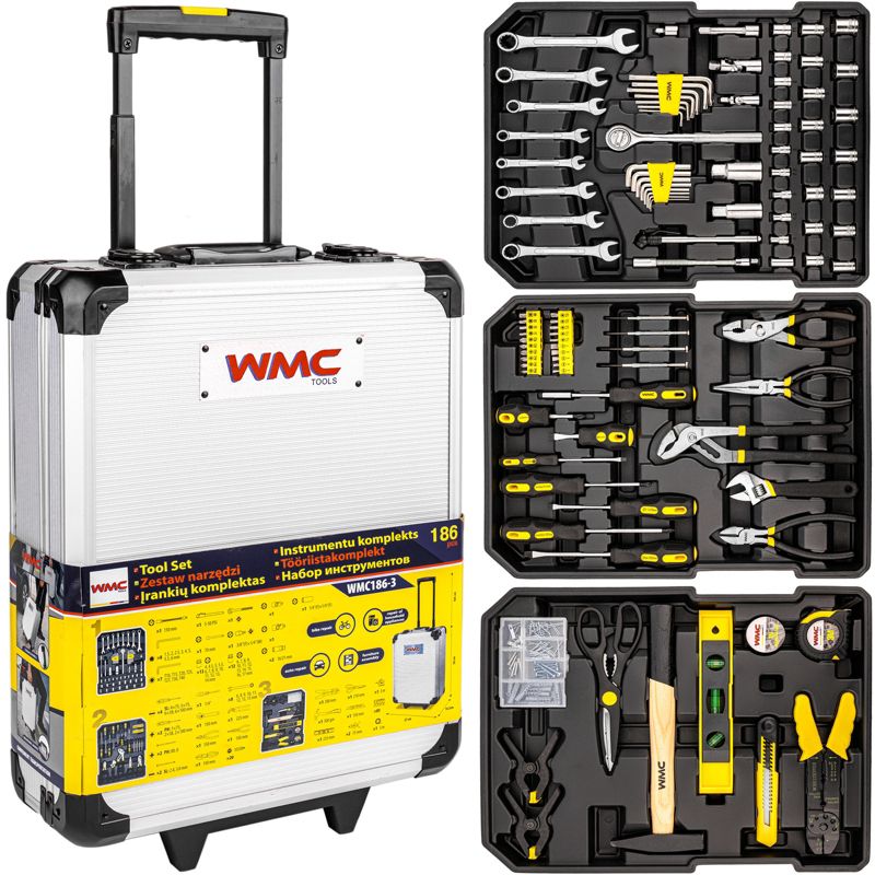 Zestaw narzędzi kluczy bitów nasadek skrzynia WMC walizka na kółkach 186 el 1szt.