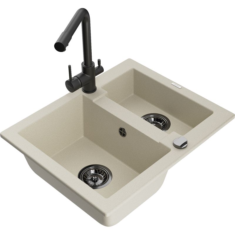 Zlewozmywak granitowy 1.5-komorowy Mexen Carlos z baterią kuchenną Duero biały - 6518-20-671600-70 1 szt.