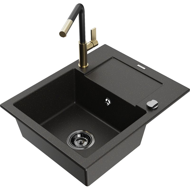 Zlewozmywak granitowy 1-komorowy Mexen Enzo z ociekaczem i baterią kuchenną Flora czarny/złoty metalik 6506-75-670401-57-B