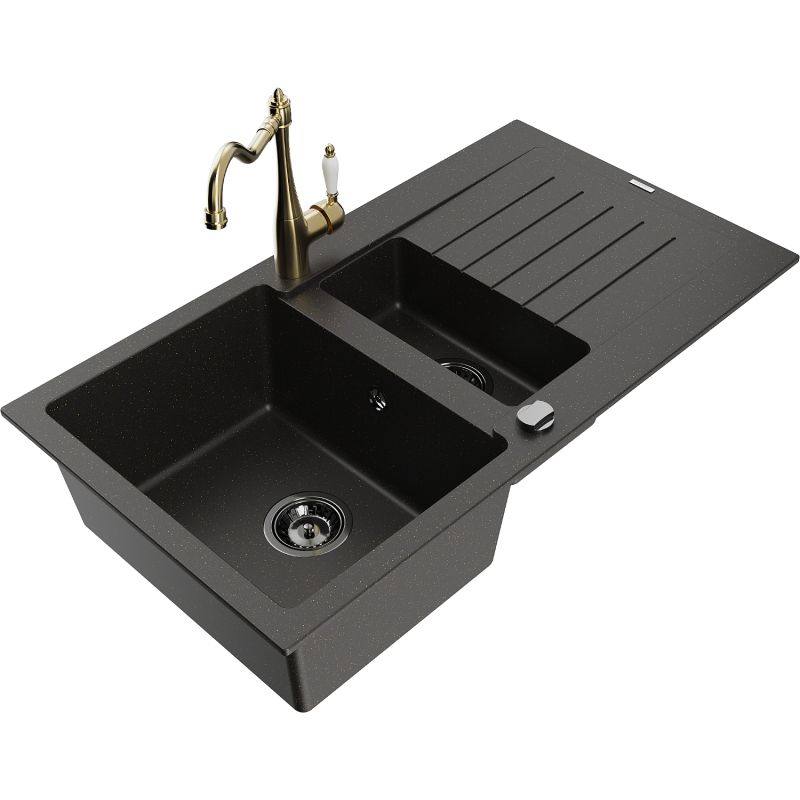 Zlewozmywak granitowy 1.5-komorowy Mexen Matias z ociekaczem i baterią kuchenną Carla czarny/złoty metalik 6502-75-670700-50-B