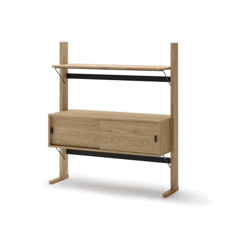 Regał z półką i przesuwną szafką Bettso Olvi niski w stylu loft do salonu dąb olejowany 1szt.