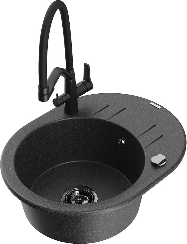 Zlewozmywak granitowy Mexen Kevin 1-komorowy z baterią kuchenną Duo czarny/złoty - 6517-75-671701-70-B 1 szt.