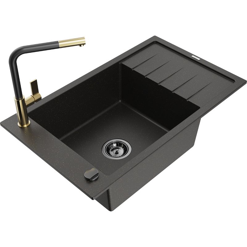 Zlewozmywak granitowy 1-komorowy Mexen Elias z ociekaczem i baterią kuchenną Flora czarny/złoty metalik 6511-75-670401-57-B