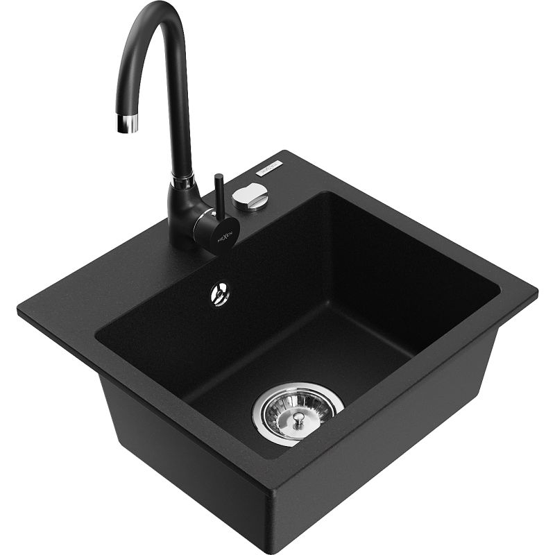 Zlewozmywak granitowy 1-komorowy Mexen Milo z baterią kuchenną Telma czarny - 6505-77-670200-00 1 szt.