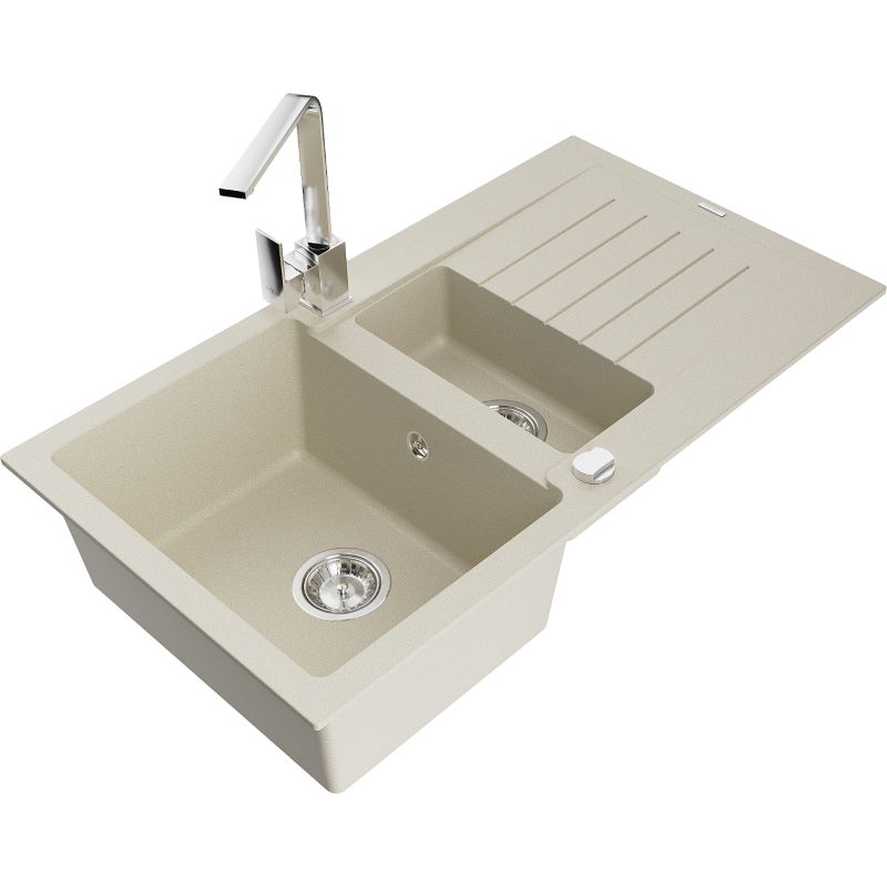 Zlewozmywak granitowy 1.5-komorowy Mexen Matias z ociekaczem i baterią kuchenną Rita beżowy 6502-69-670300-00