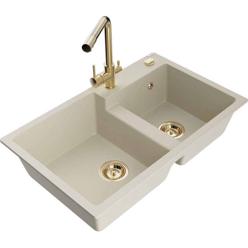 Zlewozmywak granitowy 2-komorowy Mexen Tomas z baterią kuchenną Duero beżowy 6516-69-671600-50