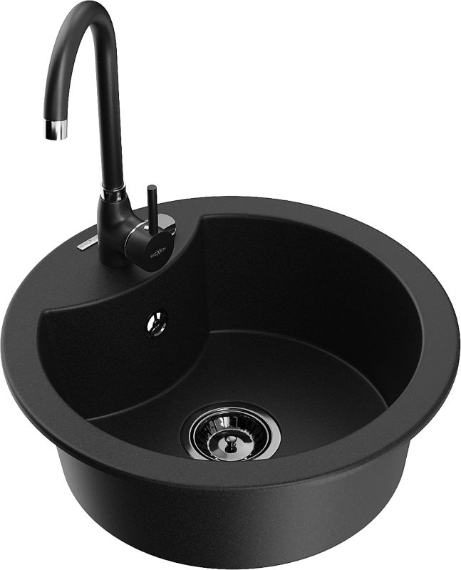 Zlewozmywak granitowy Mexen Diego 1-komorowy z baterią kuchenną Telma czarny 6512-77-670200-70-B