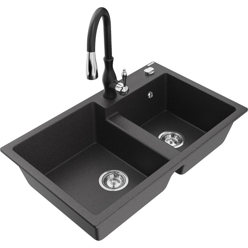 Zlewozmywak granitowy 2-komorowy Mexen Tomas z baterią kuchenną Savita czarny nakrapiany 6516-76-672601-70