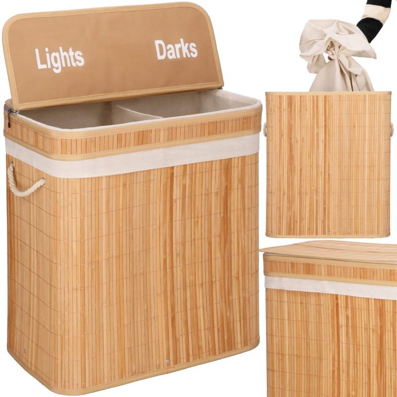 Kosz na pranie bambusowy Springos 100 l z pokrywą i uchwytami 2 komory jasnobrązowe 1 szt.