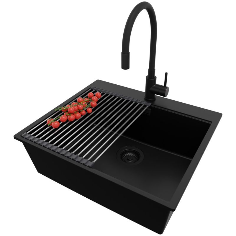 Zlewozmywak Granitowy Oslo PRIMAGRAN Nablatowy 58x50cm do szafki od 60cm z Syfonem i Baterią i Dodatkiem Cały Czarny 1 szt.