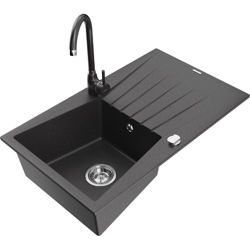 Zlewozmywak granitowy 1-komorowy Mexen Cesar z ociekaczem i baterią kuchenną Telma czarny/srebrny - 6514-73-670200-70 1 szt.