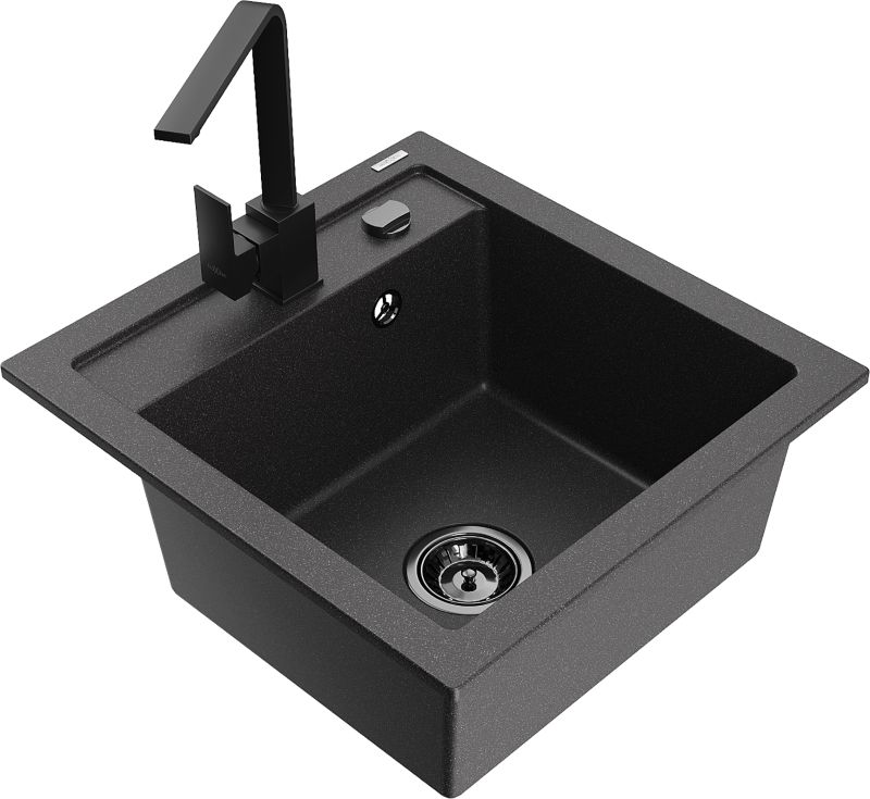 Zlewozmywak granitowy Mexen Vito 1-komorowy z baterią kuchenną Rita czarny - 6503-76-670300-70 1 szt.