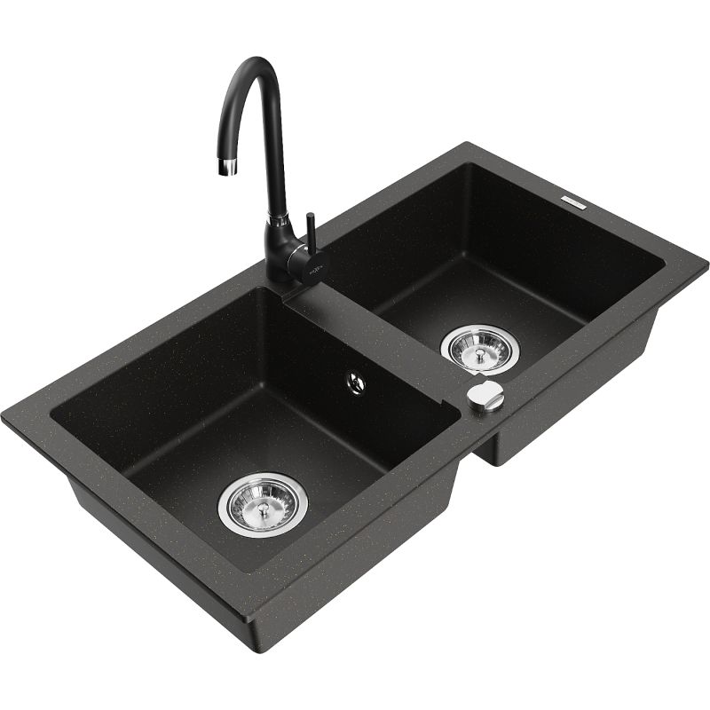 Zlewozmywak granitowy 2-komorowy Mexen Tomas z baterią kuchenną Aster beżowy - 6516-69-73450-70-B 1 szt.