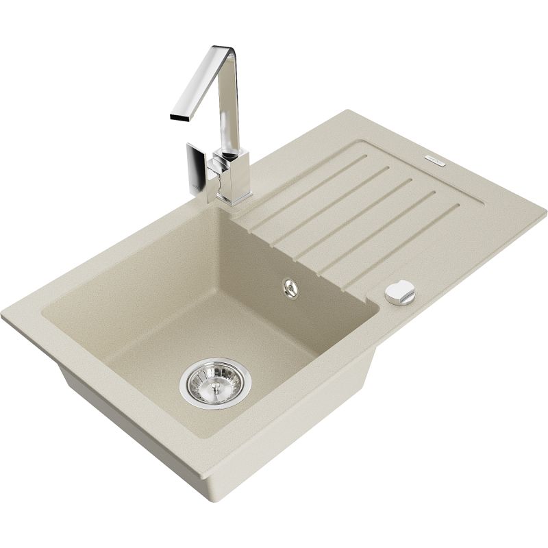 Zlewozmywak granitowy 1-komorowy Mexen Pablo z ociekaczem i baterią kuchenną Rita beżowy 6510-69-670300-00