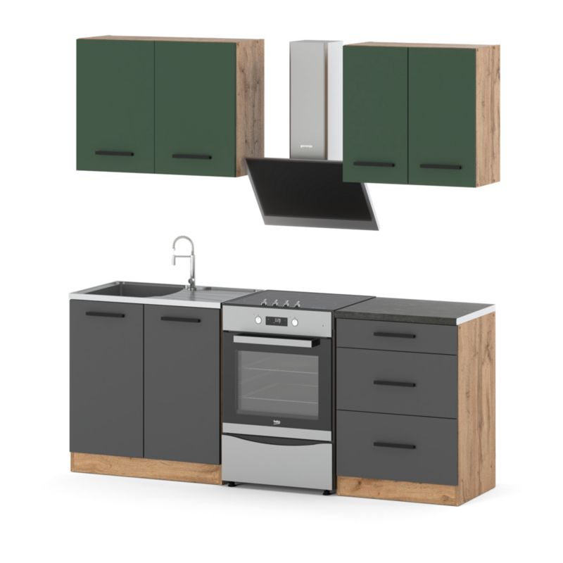 Zestaw Kuchenny Hurtownia-Mebli Z Blatem Kuchnia Mini Mokka 200cm Dąb Wotan Butelkowa Zieleń/Szary Mat 200x47x145 cm 1szt.