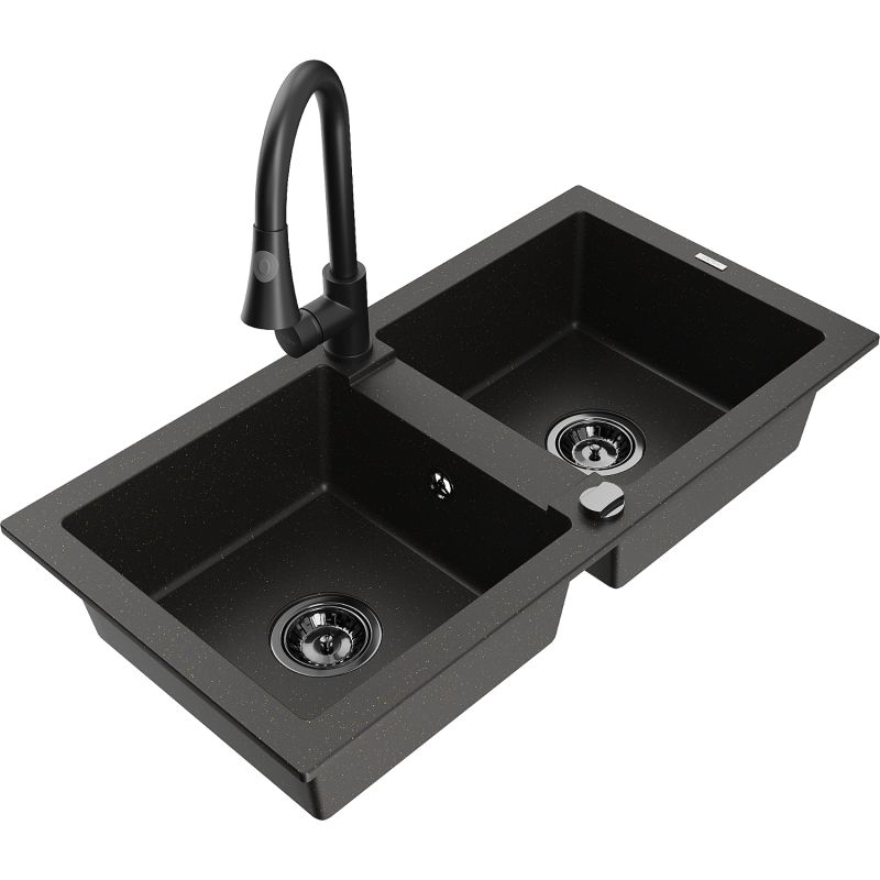 Zlewozmywak granitowy 2-komorowy Mexen Mario z baterią kuchenną Flora beżowy - 6504-69-670401-70-B 1 szt.