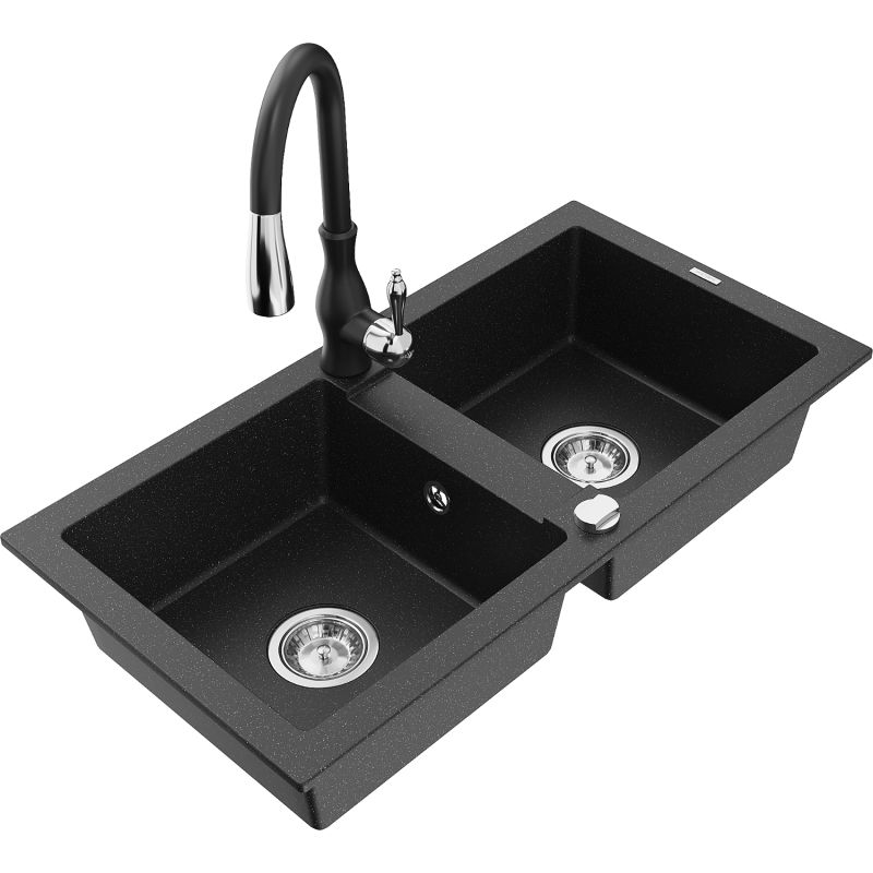 Zlewozmywak granitowy 2-komorowy Mexen Mario z baterią kuchenną Savita czarny/srebrny metalik 6504-73-672601-70