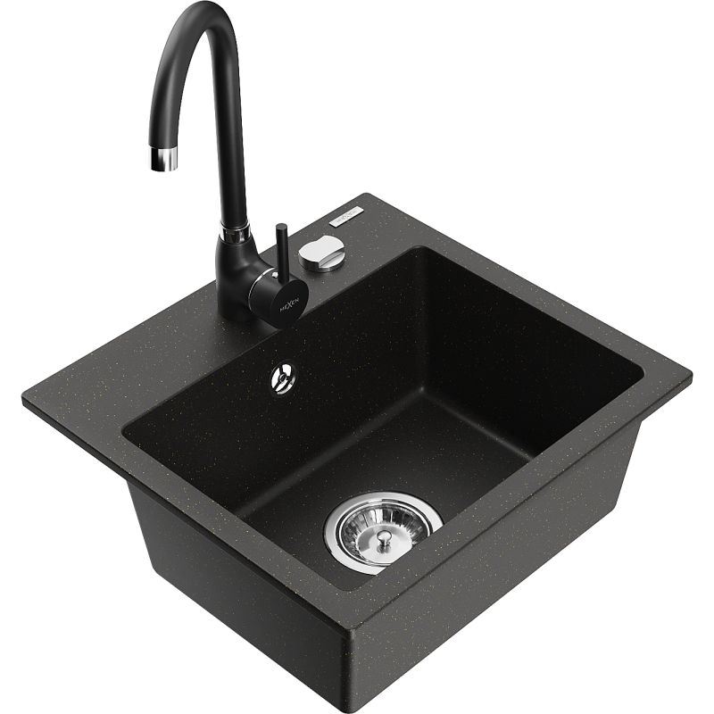 Zlewozmywak granitowy 1-komorowy Mexen Milo z baterią kuchenną Telma szary - 6505-71-670200-71 1 szt.