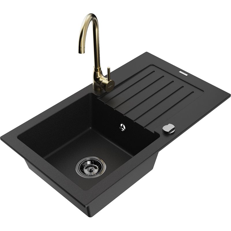 Zlewozmywak granitowy 1-komorowy Mexen Pablo z ociekaczem i baterią kuchenną Telma czarny 6510-77-670200-50-B