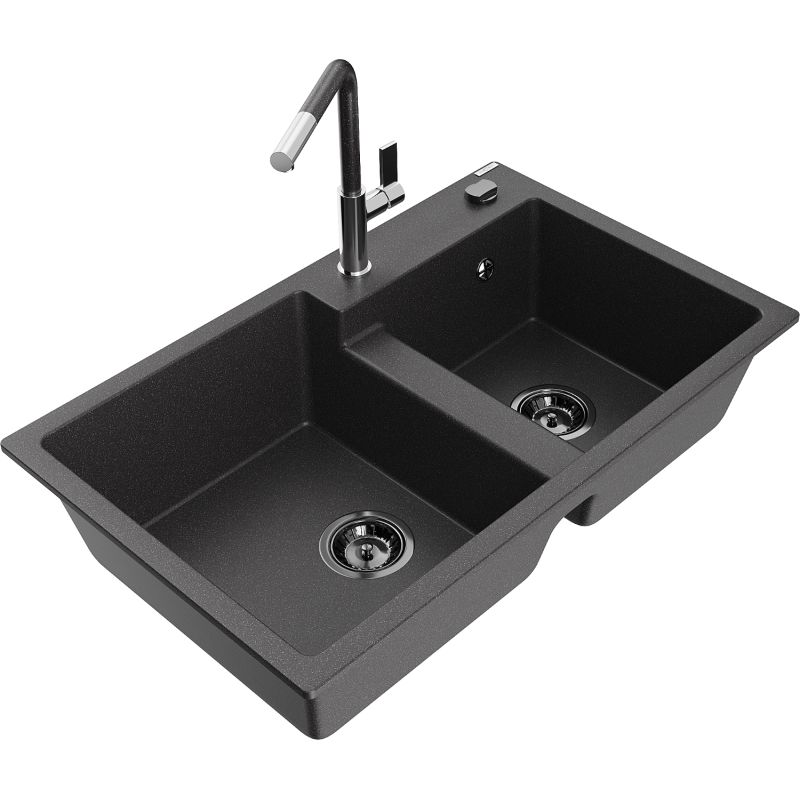 Zlewozmywak granitowy 2-komorowy Mexen Tomas z baterią kuchenną Flora czarny nakrapiany 6516-76-670401-08-B