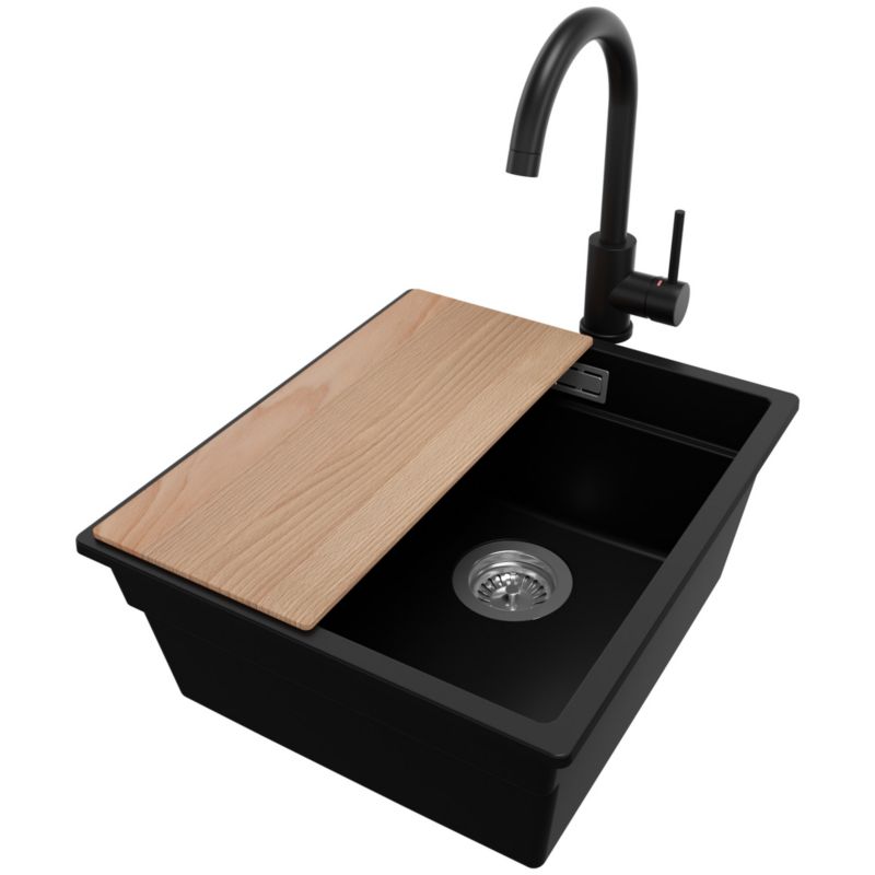 Zlewozmywak Granitowy Praga Slim PRIMAGRAN Nablatowy 41x47cm do szafki od 45cm z Syfonem i Baterią i Dodatkiem Czarny 1 szt.