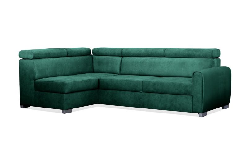 Narożnik tapicerowany Bettso Covo lewy z pikowanym oparciem, funkcją spania i regulowanymi zagłówkami zielony 1szt.