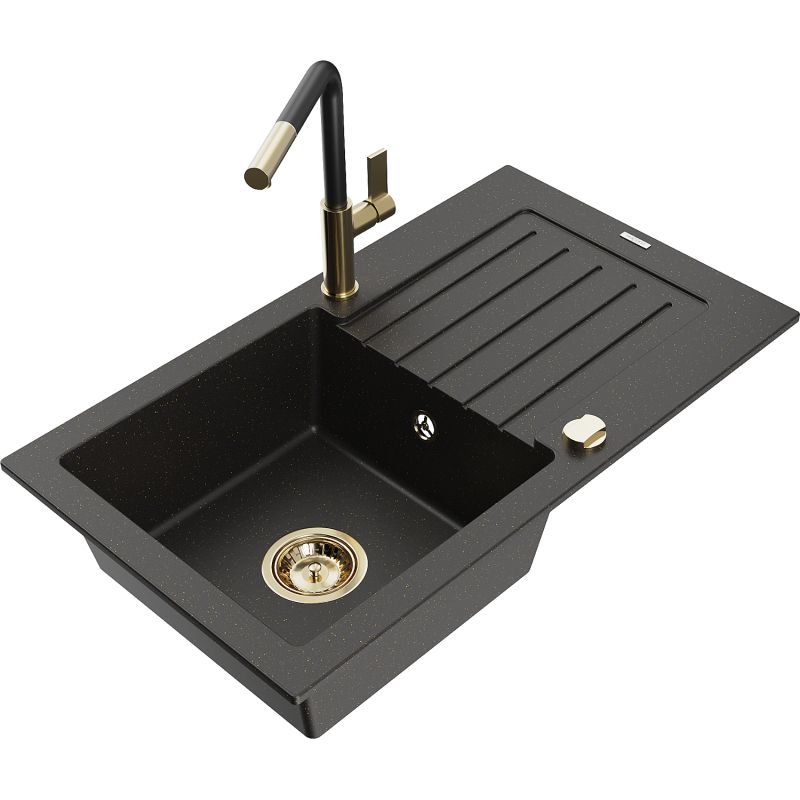 Zlewozmywak granitowy 1-komorowy Mexen Pablo z ociekaczem i baterią kuchenną Flora czarny/złoty metalik 6510-75-670401-57-G