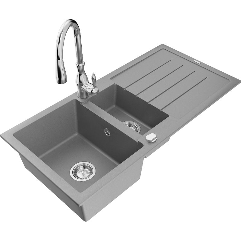 Zlewozmywak granitowy 1.5-komorowy Mexen Andres z ociekaczem i baterią kuchenną Savita szary - 6515-71-672601-71 1 szt.