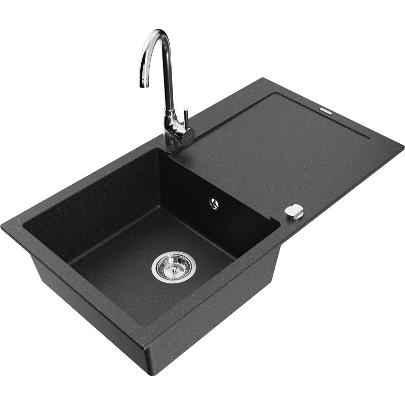 Zlewozmywak granitowy 1-komorowy Mexen Leo z ociekaczem i baterią kuchenną Telma czarny/srebrny metalik 6501-73-670200-00