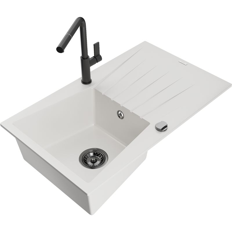 Zlewozmywak granitowy 1-komorowy Mexen Cesar z ociekaczem i baterią kuchenną Flora czarny nakrapiany - 6514-76-670401-75-B 1 szt.