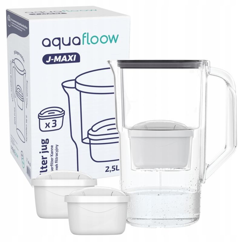 Dzbanek filtrujący wodę, AquaFloow J-MAXI, plastikowy, 2.5l, czarny + 3x filtr wody AquaFloow Maxi, zestaw, 4szt