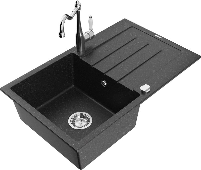 Zlewozmywak granitowy Mexen Bruno 1-komorowy z ociekaczem i baterią kuchenną Carla czarny/srebrny 6513-73-670700-00