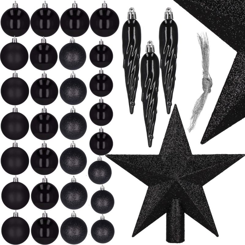 Bombki choinkowe Springos, czarne zawieszki na choinkę z gwiazdą, ozdoby świąteczne 33 szt.