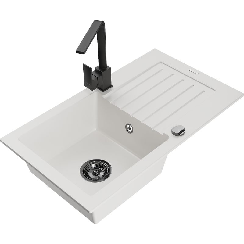 Zlewozmywak granitowy 1-komorowy Mexen Pablo z ociekaczem i baterią kuchenną Rita biały - 6510-20-670300-50 1 szt.
