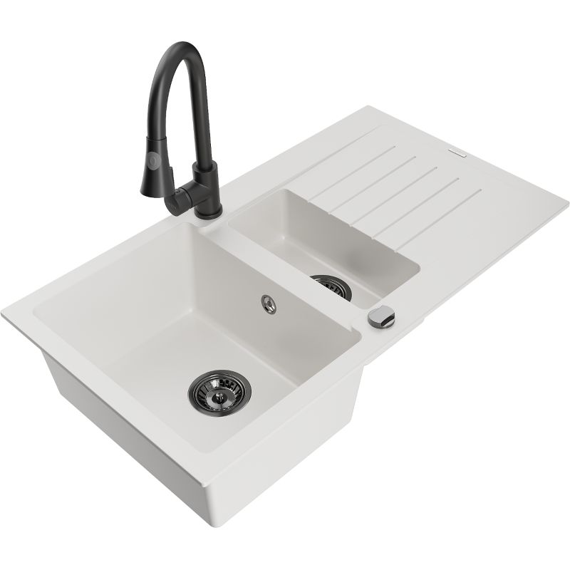 Zlewozmywak granitowy 1.5-komorowy Mexen Matias z ociekaczem i baterią kuchenną Elia biały 6502-20-670101-70