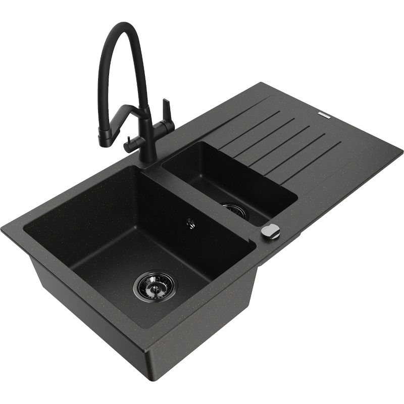 Zlewozmywak granitowy 1.5-komorowy Mexen Matias z ociekaczem i baterią kuchenną Duo szary - 6502-71-671701-70-B 1 szt.