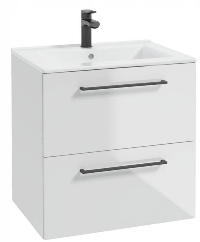 Biała Szafka z Umywalką do Łazienki Stamar 60x40 Wisząca Połysk Czarne Uchwyty