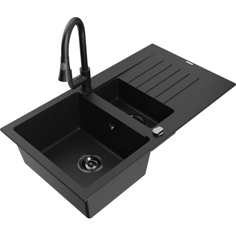 Zlewozmywak granitowy 1.5-komorowy Mexen Matias z ociekaczem i baterią kuchenną Elia czarny - 6502-77-670101-00 1 szt.