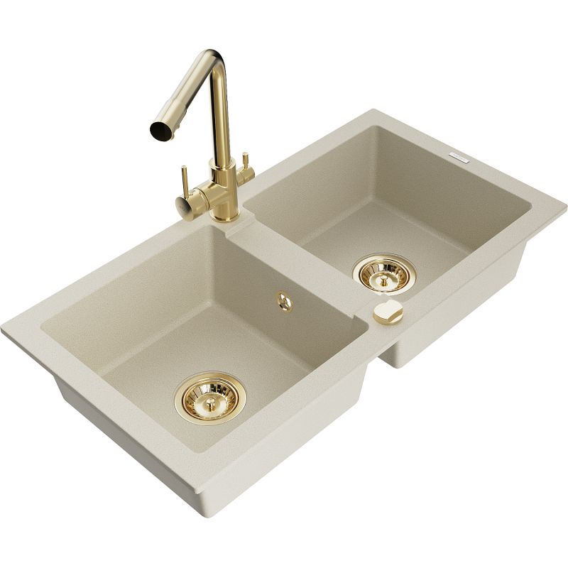 Zlewozmywak granitowy 2-komorowy Mexen Mario z baterią kuchenną Duero beżowy 6504-69-671600-50