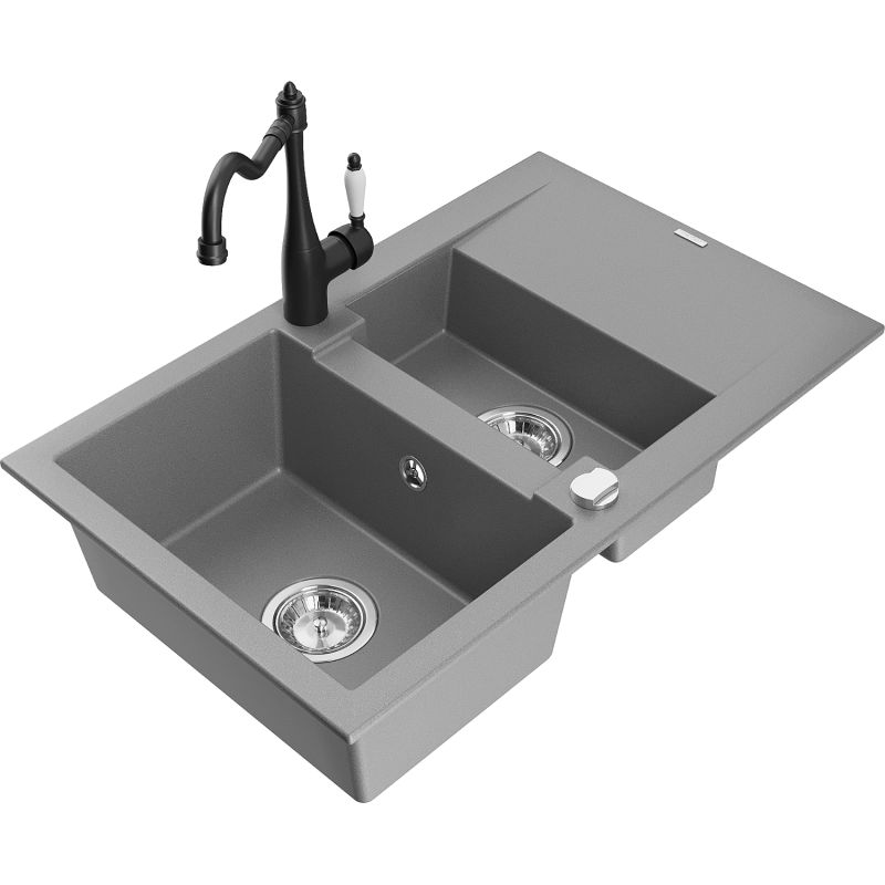 Zlewozmywak granitowy 1.5-komorowy Mexen Gaspar z ociekaczem i baterią kuchenną Carla szary 6507-71-670700-70