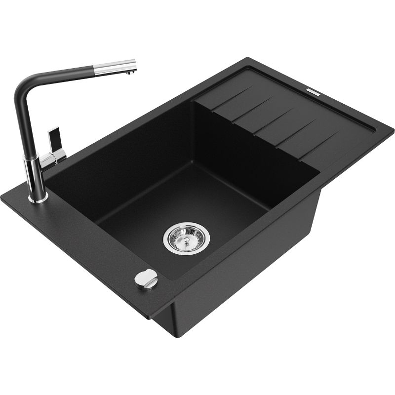 Zlewozmywak granitowy 1-komorowy Mexen Elias z ociekaczem i baterią kuchenną Flora czarny 6511-77-670401-07