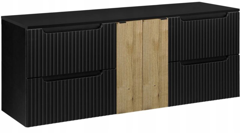 Szafka pod Umywalkę łazienkowa Furnidea 160 cm Wisząca z Blatem Czarny Nova Black Czarna Ryflowane Fronty 2 Drzwi 4 Szuflady 1 szt