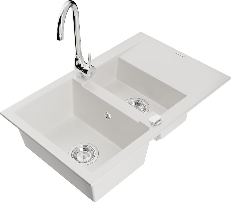 Zlewozmywak granitowy Mexen Gaspar 1,5-komorowy z ociekaczem i baterią kuchenną Telma biały 6507-20-670200-00