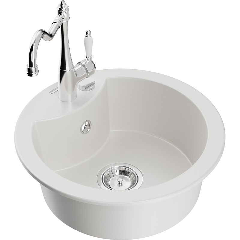 Zlewozmywak granitowy 1-komorowy Mexen Diego z baterią kuchenną Carla biały 6512-20-670700-00